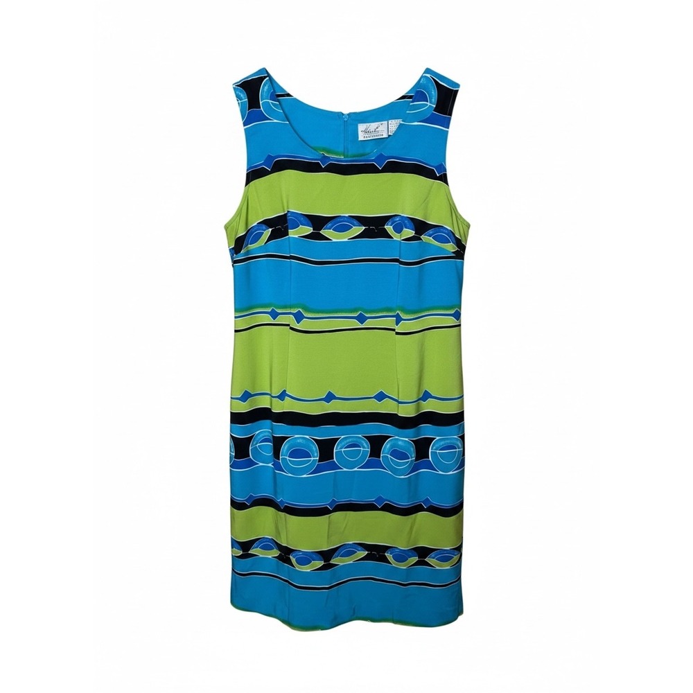 Kathie Lee Collection Blue Green Geometric‎ Abstract Print Shift Dress Womens 16